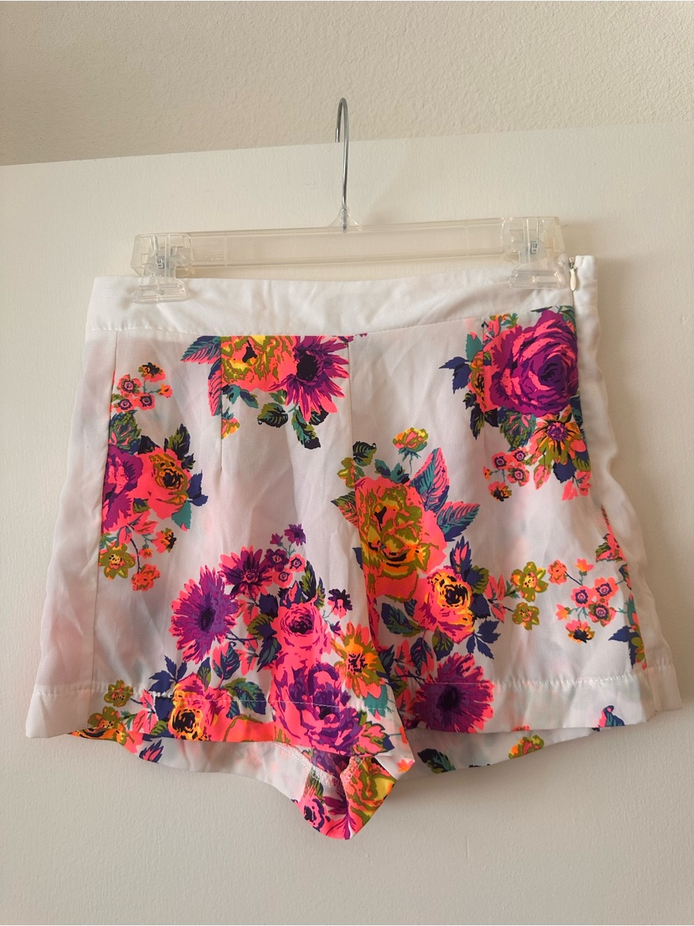 Jella Couture White Floral High-Waist Shorts with Neon Pink & Purple